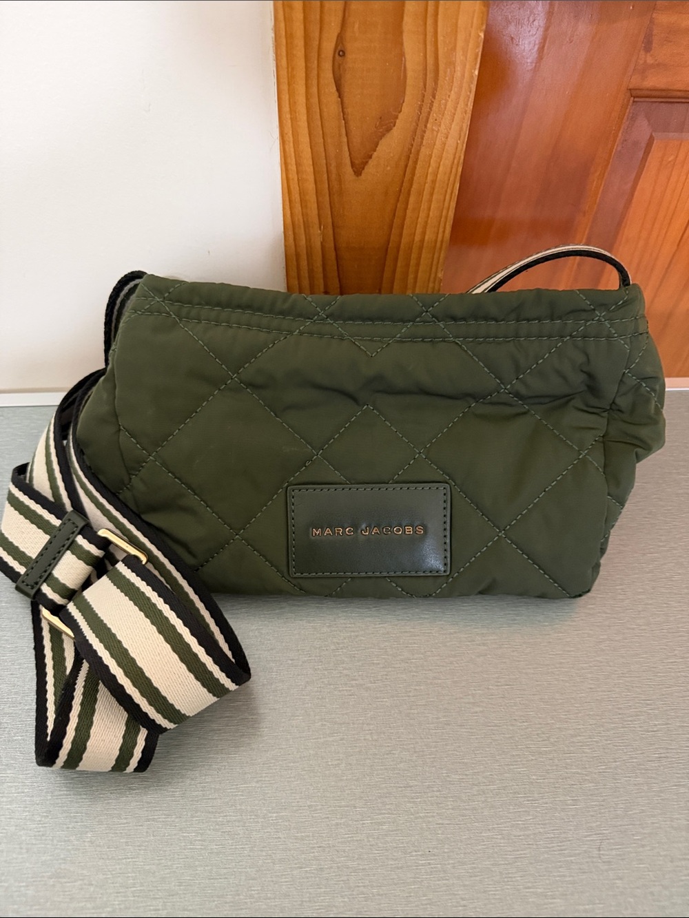 Marc Jacobs Olive Quilted Belt Bag with Striped Strap